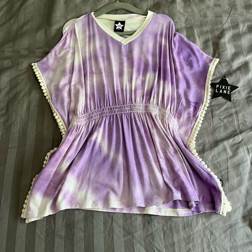 NWT PixieLane fringed coverup cinched waist tie dye purple 2/3t